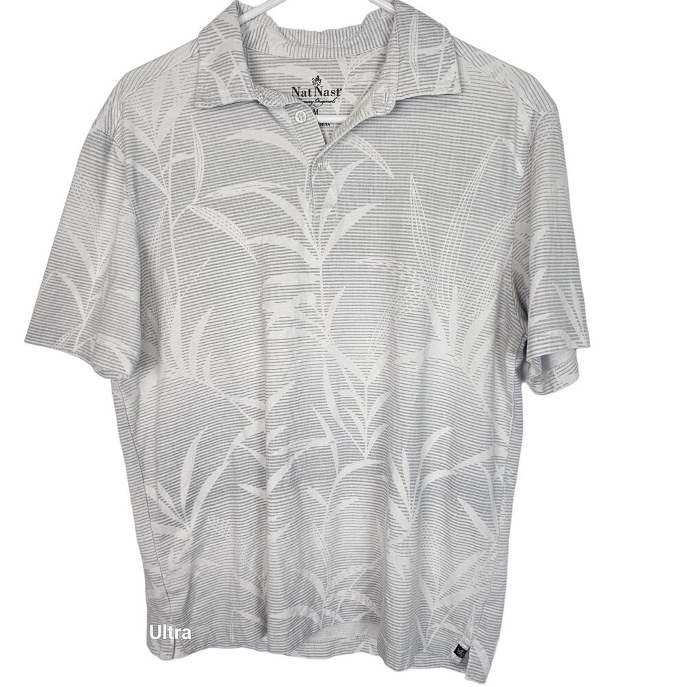 Nat Nast Mens Palm Print Polo Shirt M Striped Hawaiian Resortwear Beach Vacation
